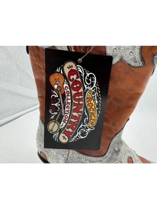 Rockin Country Cowboy Boots Cowgirl Brown Blue Leather Embroidered Women's 6.5 W - Picture 7 of 8